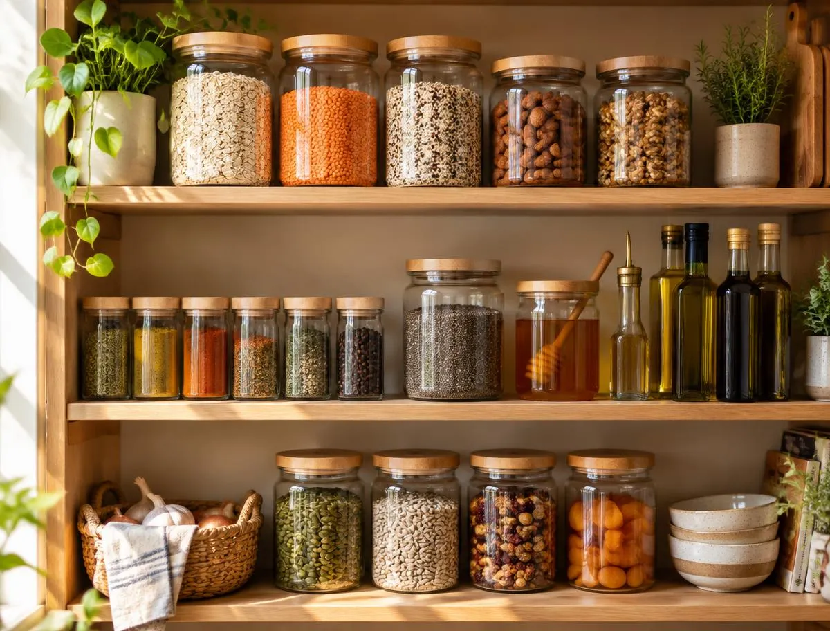 An organized pantry with jars of whole foods